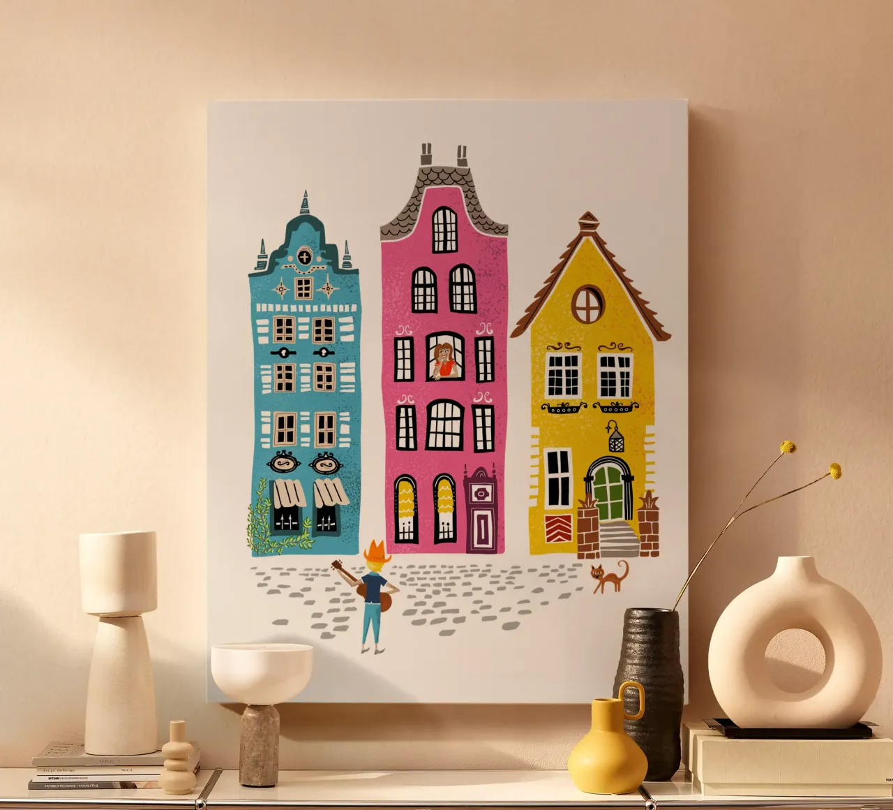 Retro illustration musician with guitar standing in front of a house canvas by DYDesign