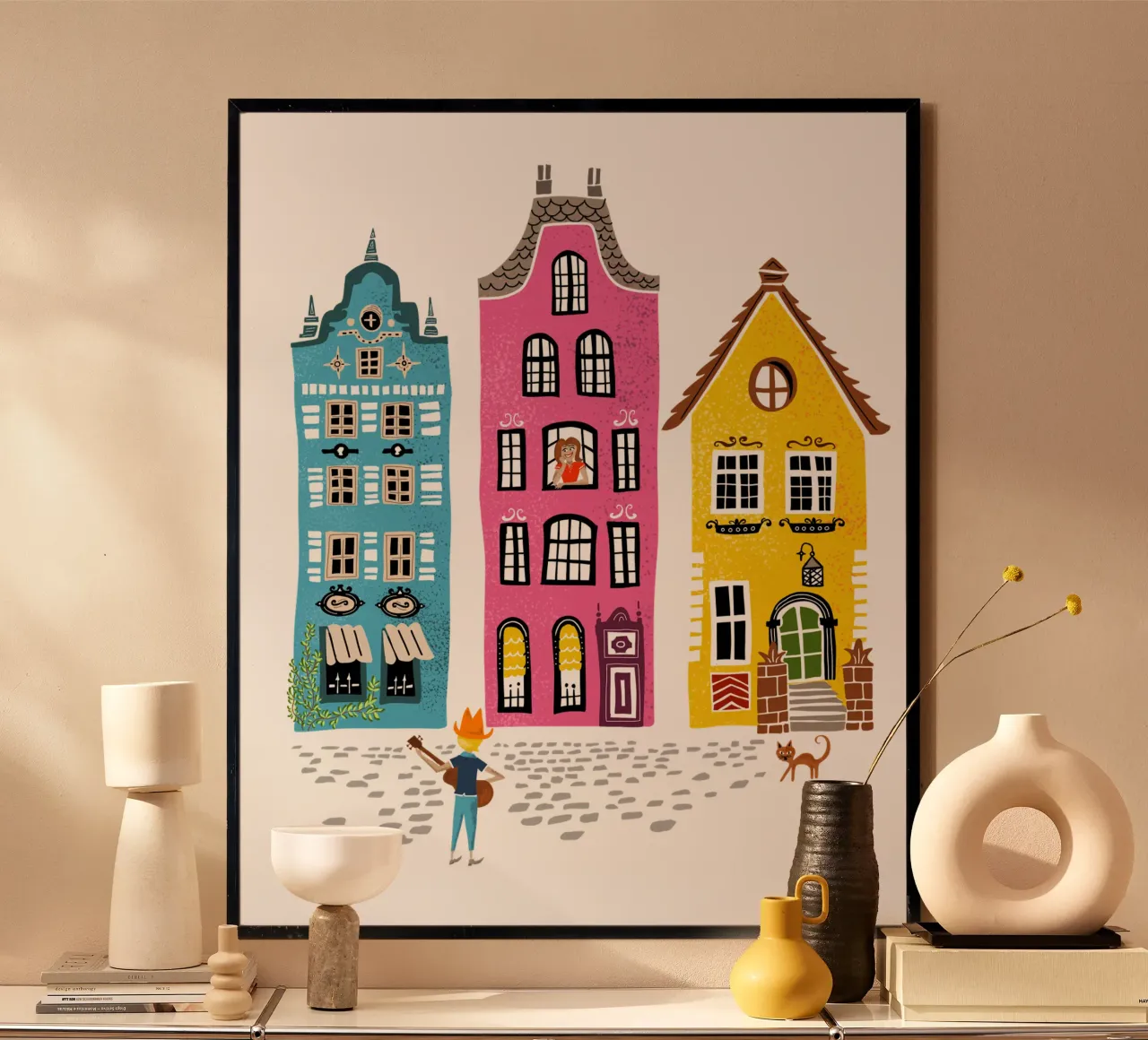 Retro illustration musician with guitar standing in front of a house hahnemühle by DYDesign