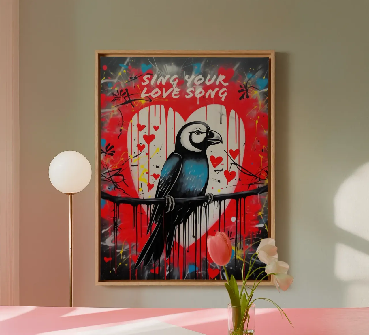 Canta la tua canzone d'amore | Graffiti Street Art con cuori tela con Cornice a cassetta da Autofocus