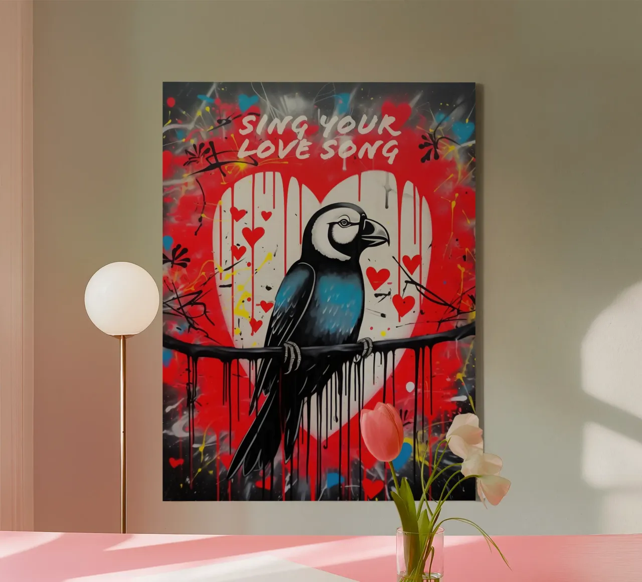 Canta la tua canzone d'amore | Graffiti Street Art con cuori tela con Cornice a cassetta da Autofocus