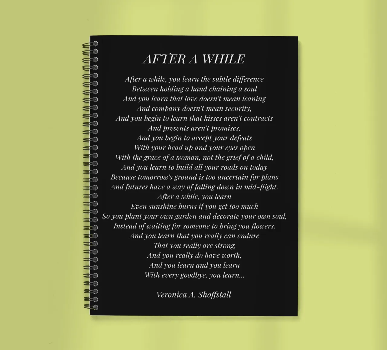 After a while poem (Black Background) spiral notebook by Paigaam Studio