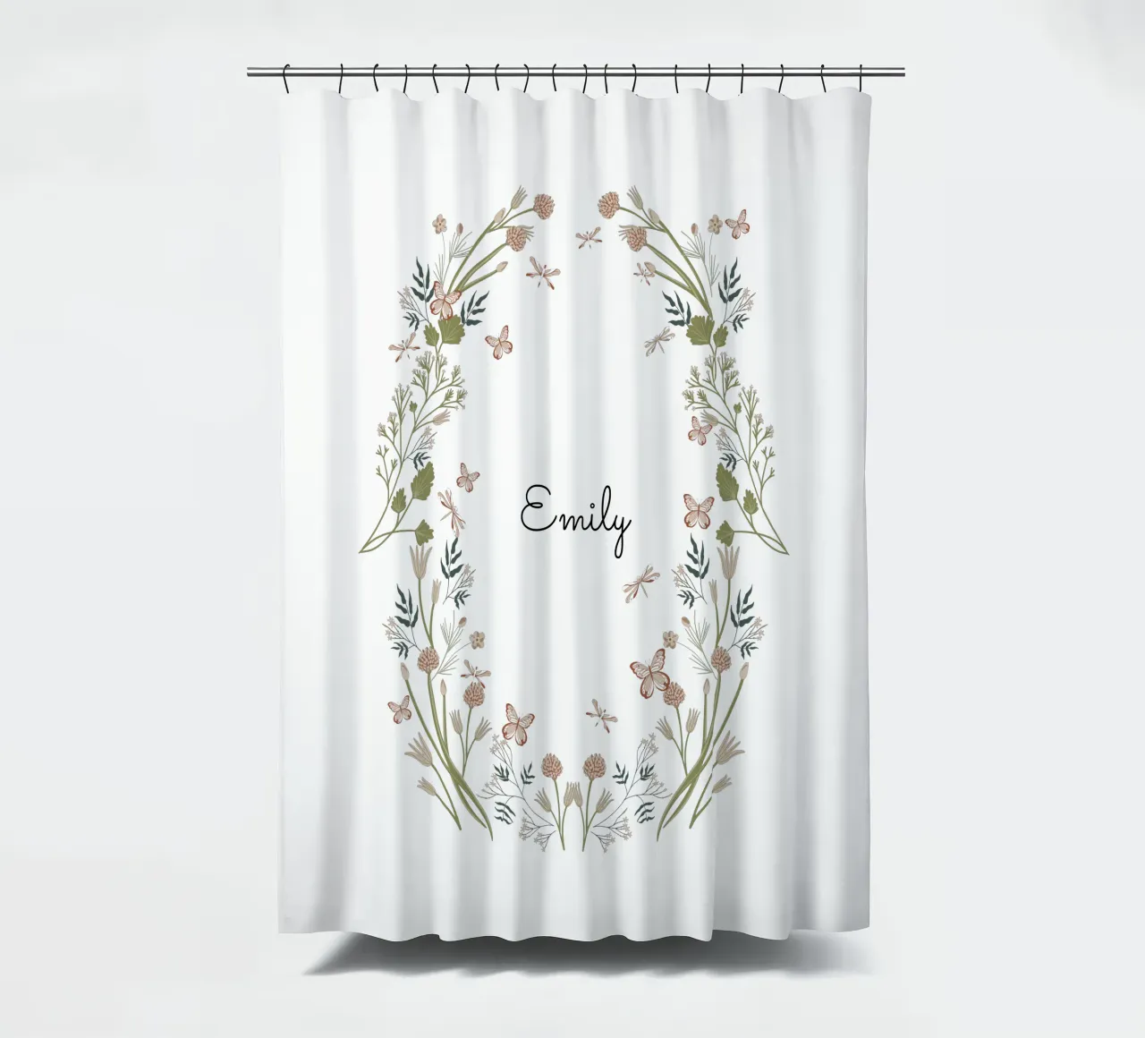 Floral and Butterflies wreath with name shower curtain by anisillustration