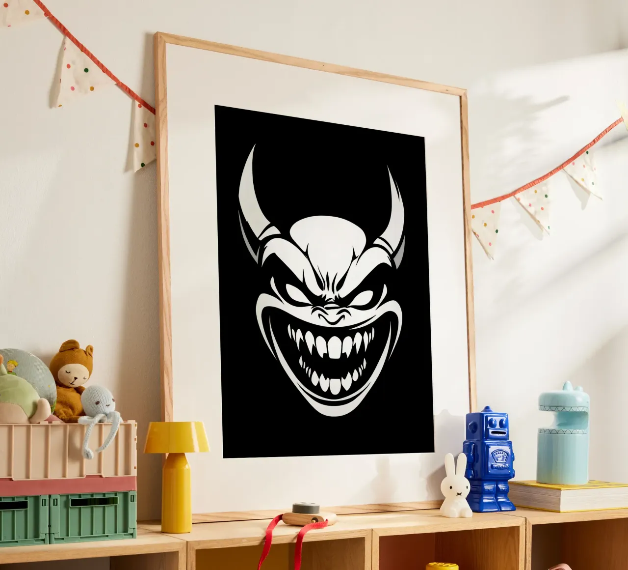 Demone ridente e logo della camicia diabolica poster con telaio in alluminio da Autofocus