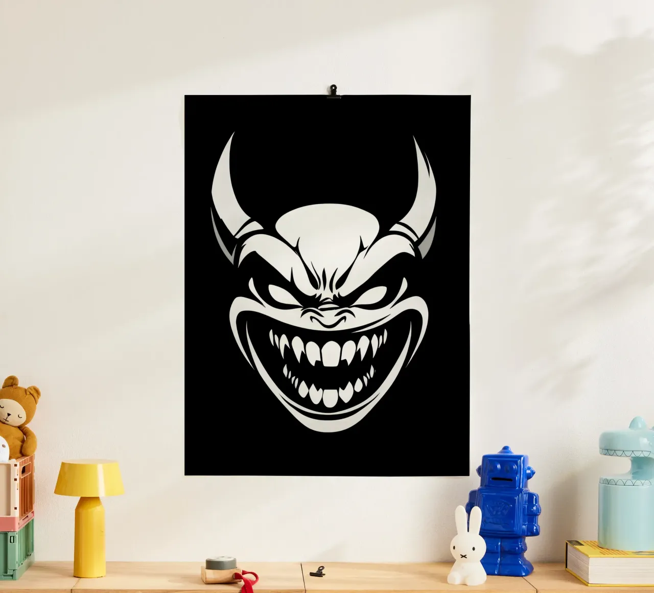 Demone ridente e logo della camicia diabolica poster con telaio in alluminio da Autofocus