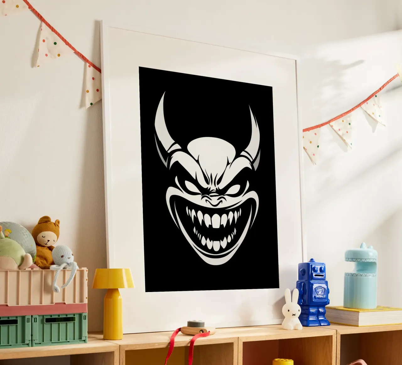 Demone ridente e logo della camicia diabolica poster con telaio in alluminio da Autofocus