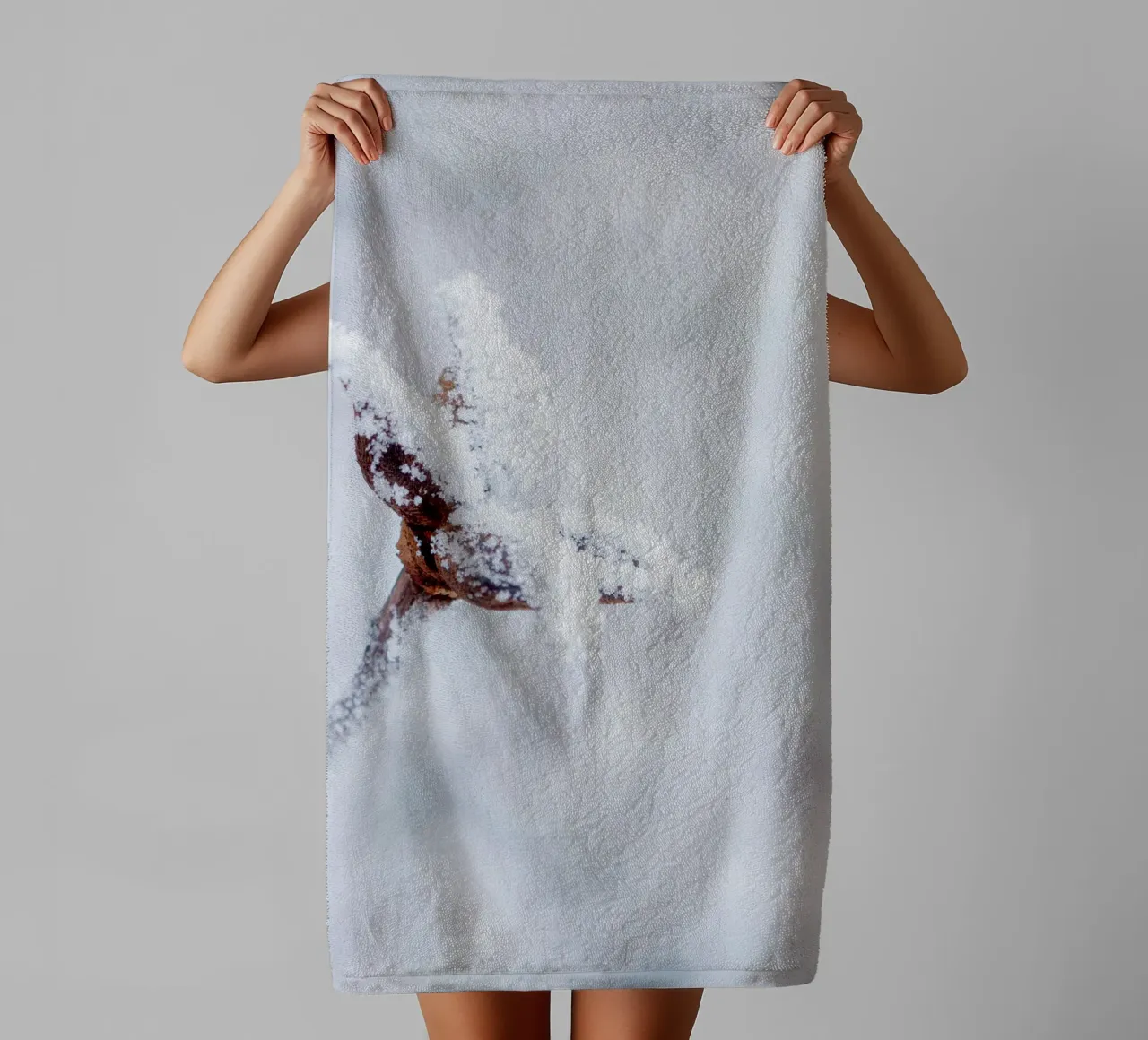 Ice crystals on a branch - Minimalist winter art towel by Whole©