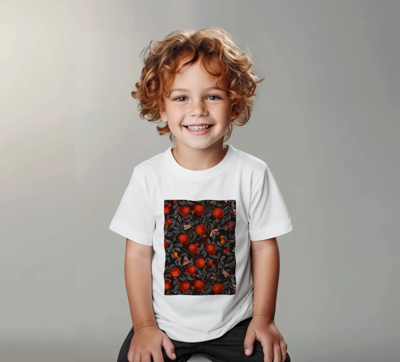 Pomegranates and Bella Moths kids t-shirt by Painted Nature