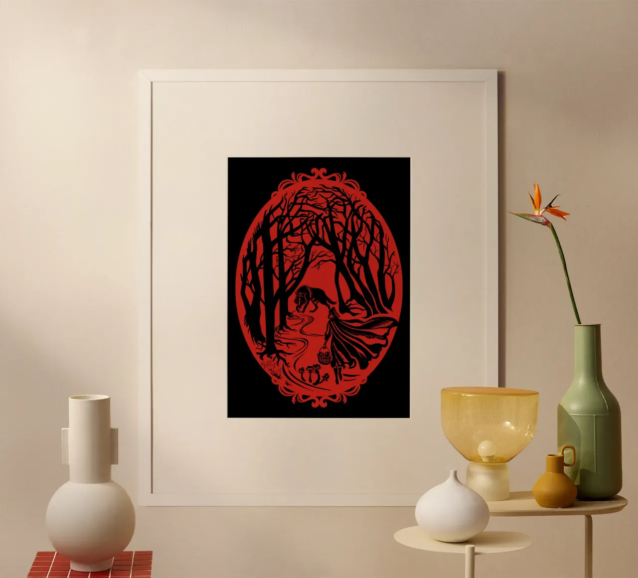 Sagoma della fiaba di Cappuccetto Rosso poster con telaio in legno da DYDesign