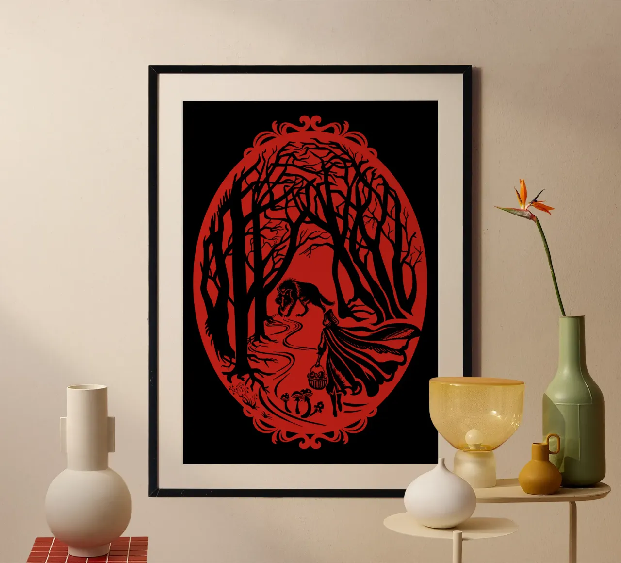 Sagoma della fiaba di Cappuccetto Rosso poster con telaio in legno da DYDesign