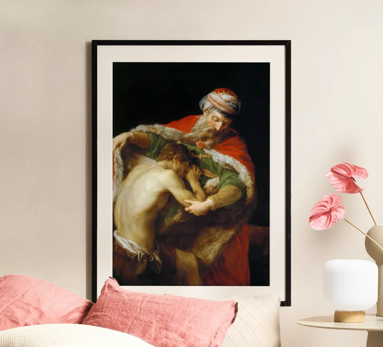 Pompeo Batoni - Il ritorno del figliol prodigo poster con telaio in plastica da William Store