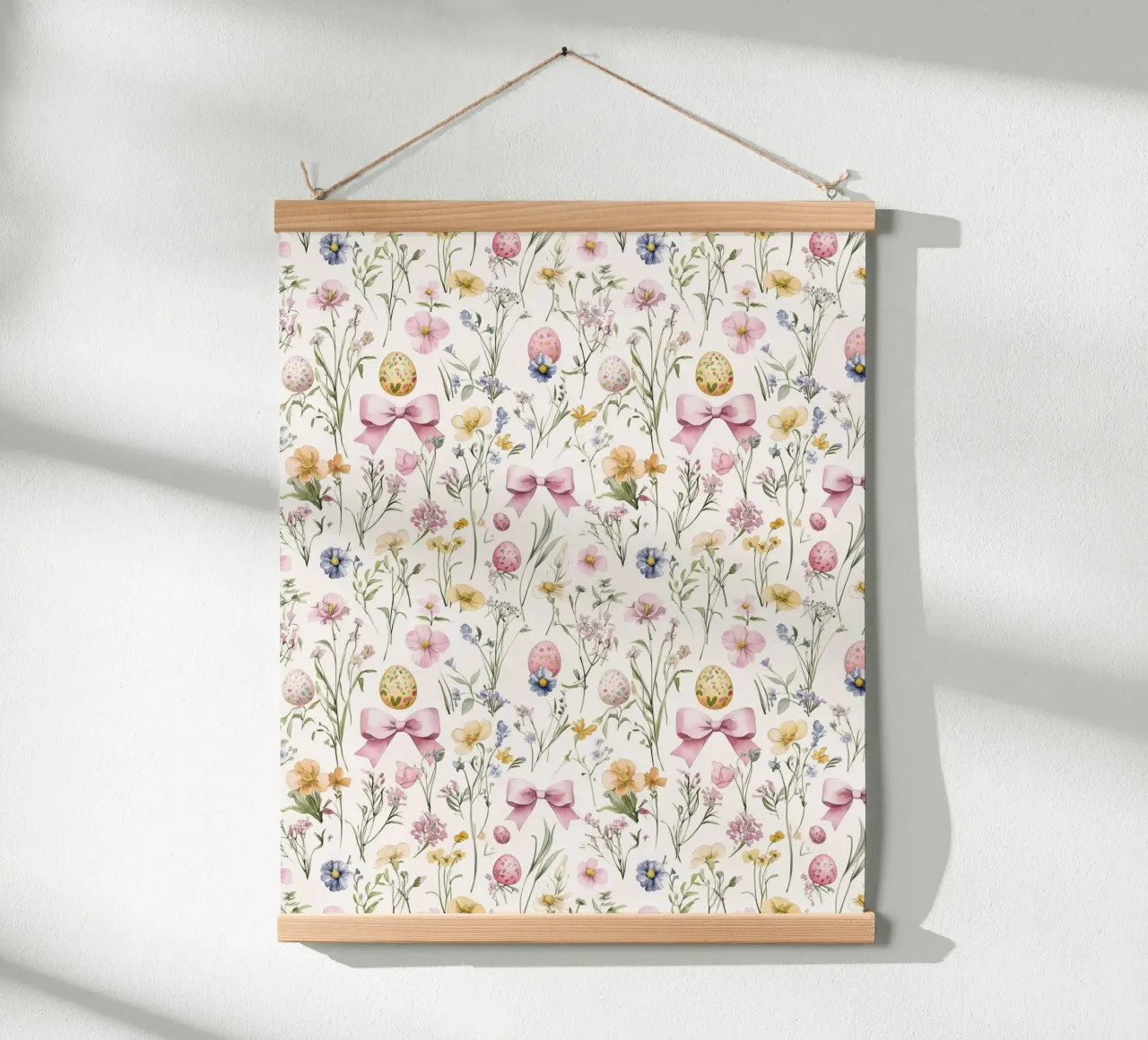 Uova di Pasqua con fiocchi rosa botanici vintage Primavera Boho Chic poster con telaio in alluminio da Gentle Echoes Art