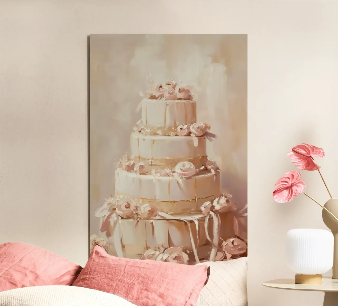 Torta a quattro piani con fiori rosa alluminio dibond da Melloi Art Print
