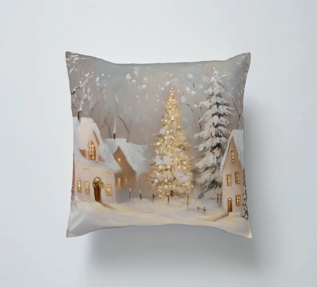 Villaggio invernale con albero di Natale in festa cuscino da Melloi Art Print