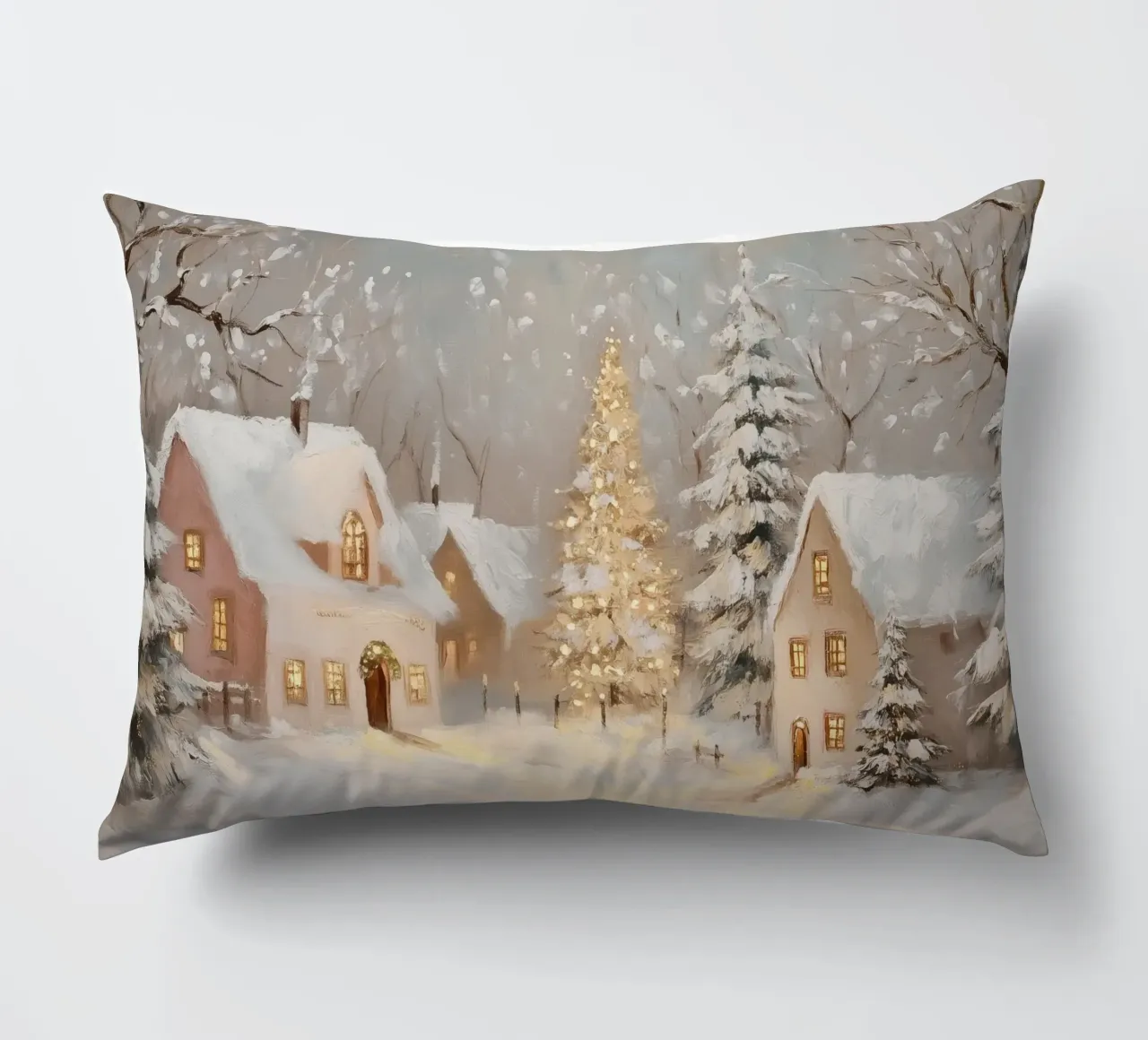 Villaggio invernale con albero di Natale in festa cuscino da Melloi Art Print