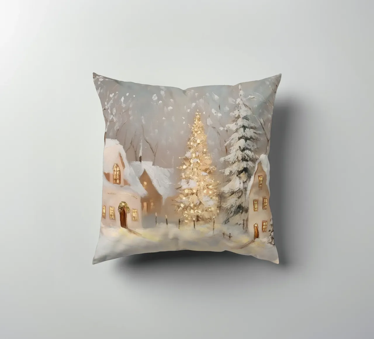 Villaggio invernale con albero di Natale in festa cuscino da Melloi Art Print