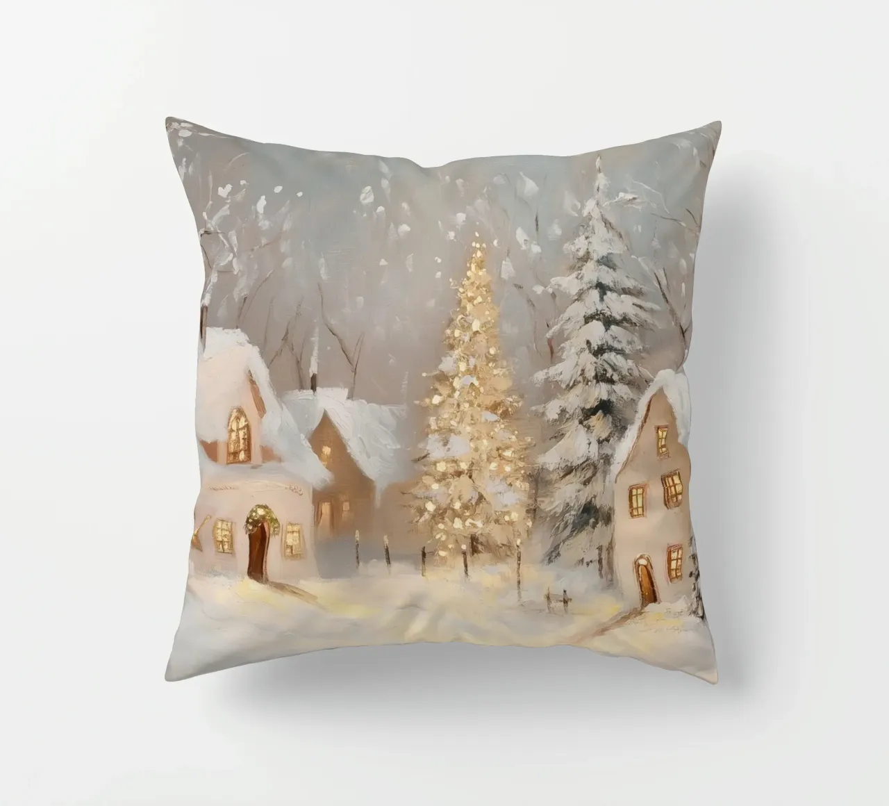 Villaggio invernale con albero di Natale in festa cuscino da Melloi Art Print