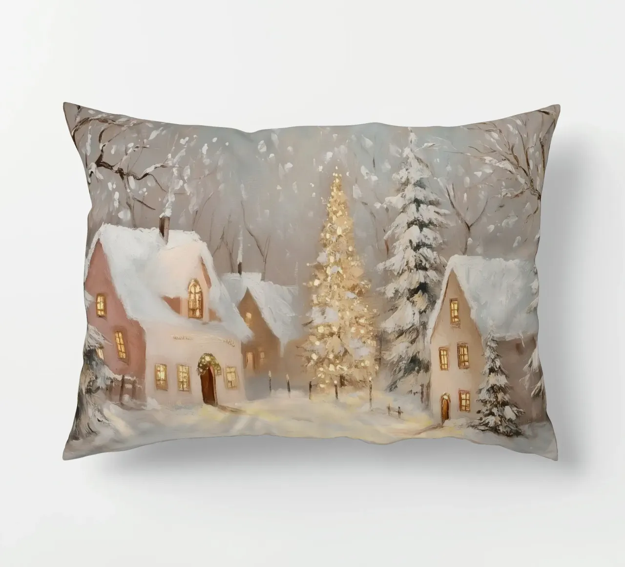 Villaggio invernale con albero di Natale in festa cuscino da Melloi Art Print