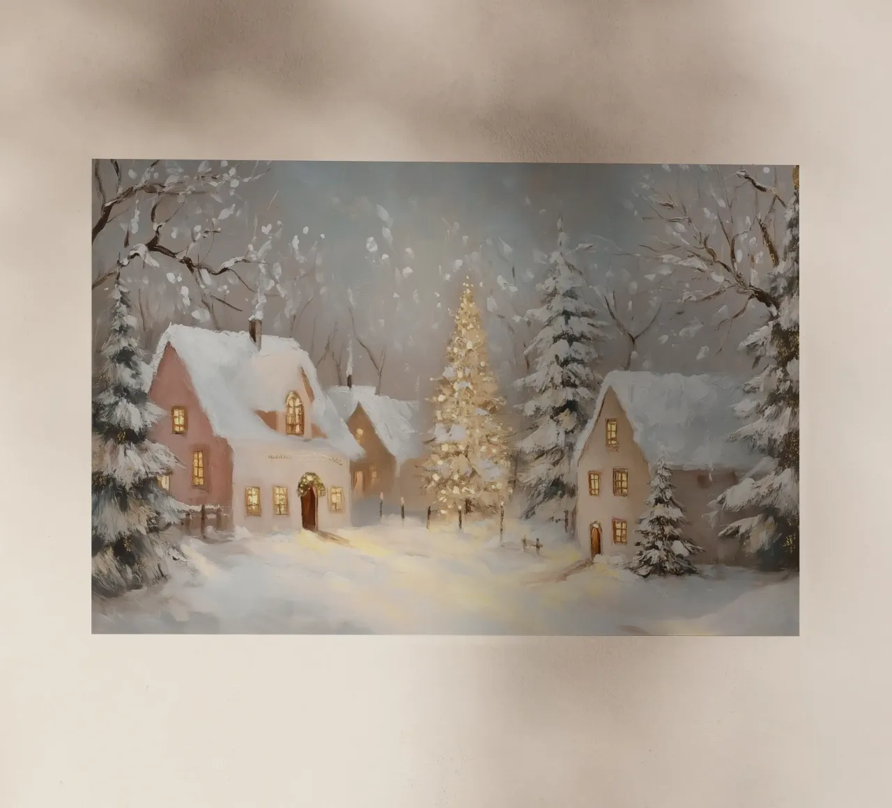 Villaggio invernale con albero di Natale in festa pellicola backlit da Melloi Art Print