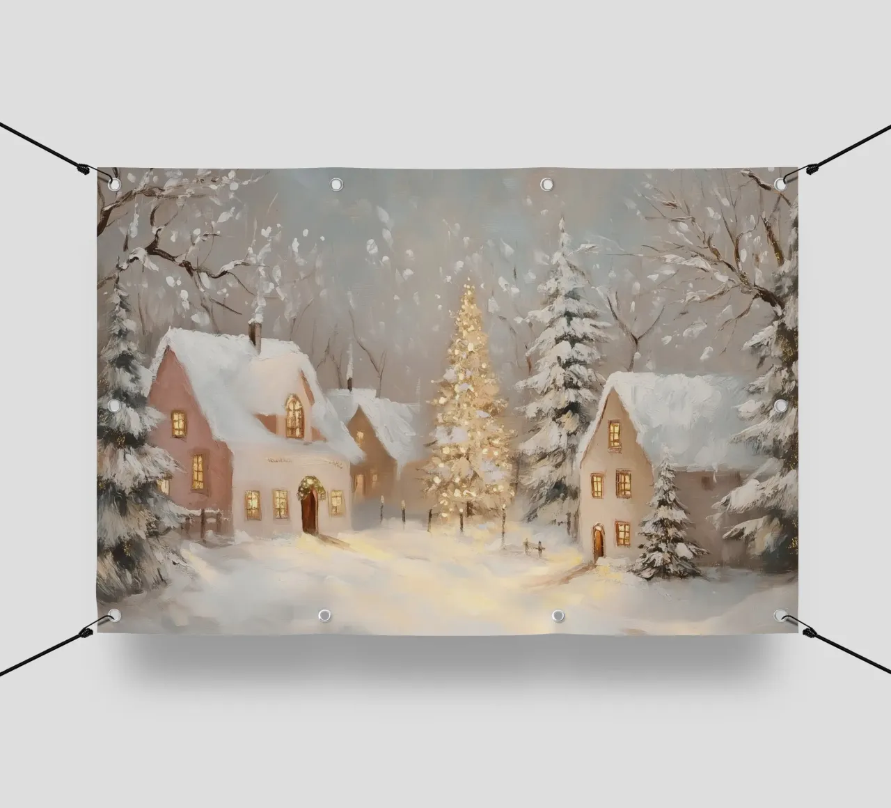 Villaggio invernale con albero di Natale in festa telo in pvc da Melloi Art Print