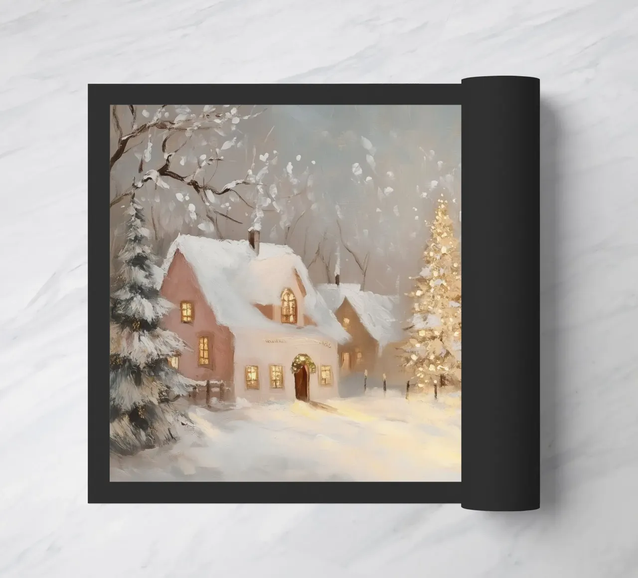 Villaggio invernale con albero di Natale in festa zerbino da Melloi Art Print