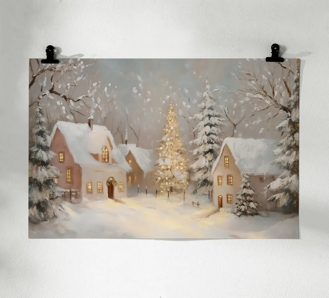 Villaggio invernale con albero di Natale in festa poster da Melloi Art Print