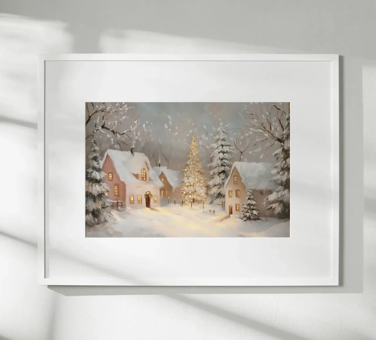 Villaggio invernale con albero di Natale in festa poster da Melloi Art Print