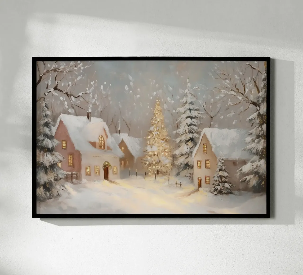 Villaggio invernale con albero di Natale in festa poster da Melloi Art Print