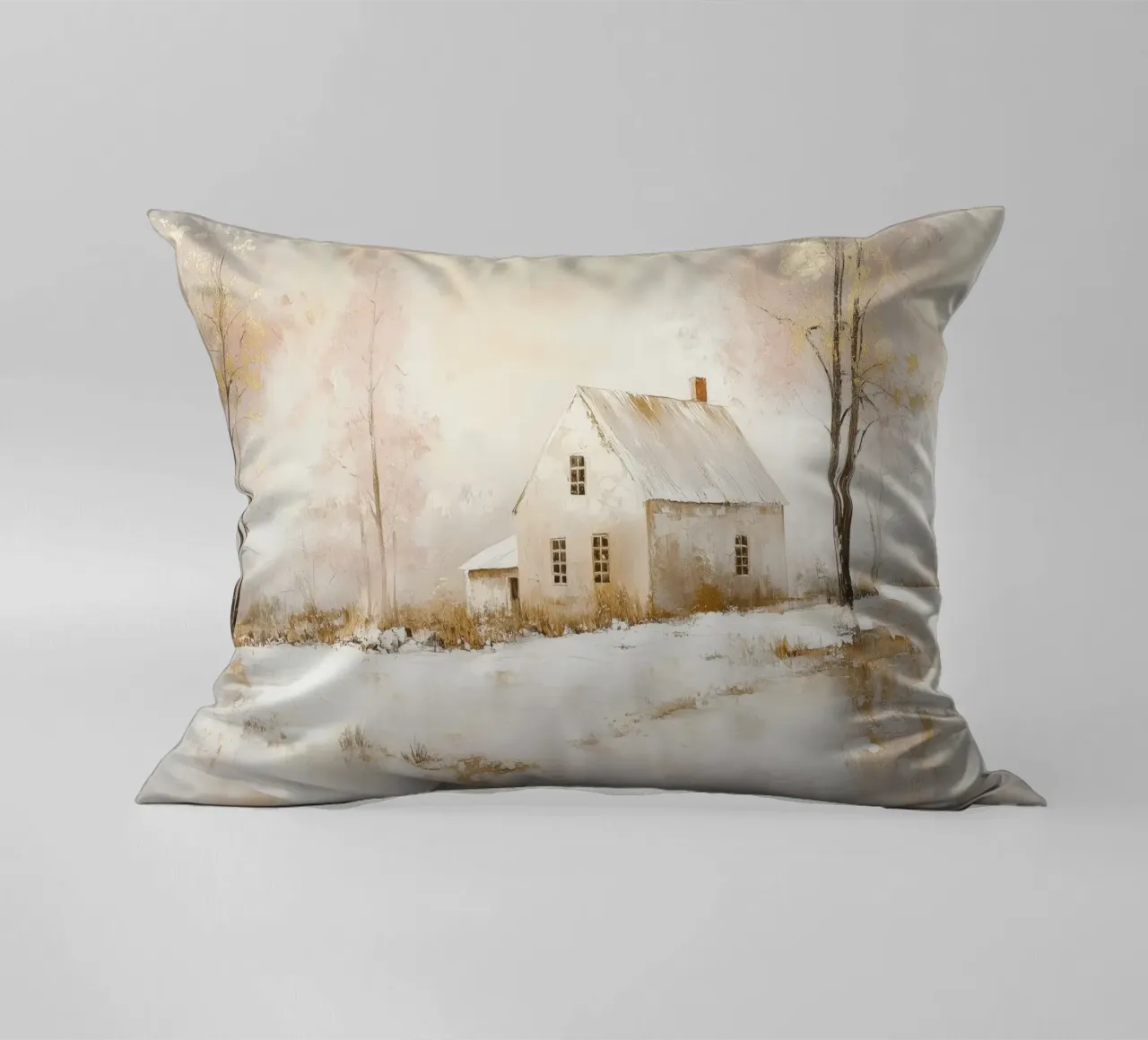 Paesaggio invernale tranquillo con casa cuscino da Melloi Art Print