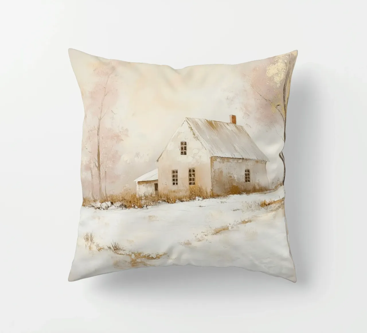 Paesaggio invernale tranquillo con casa cuscino da Melloi Art Print