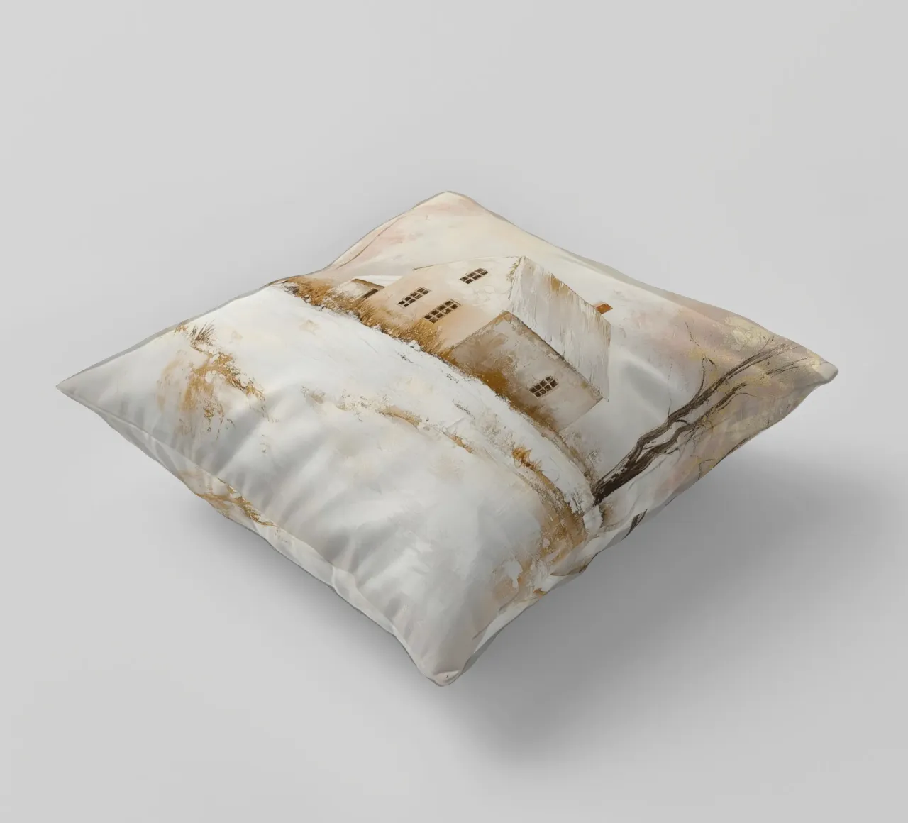 Paesaggio invernale tranquillo con casa cuscino da Melloi Art Print
