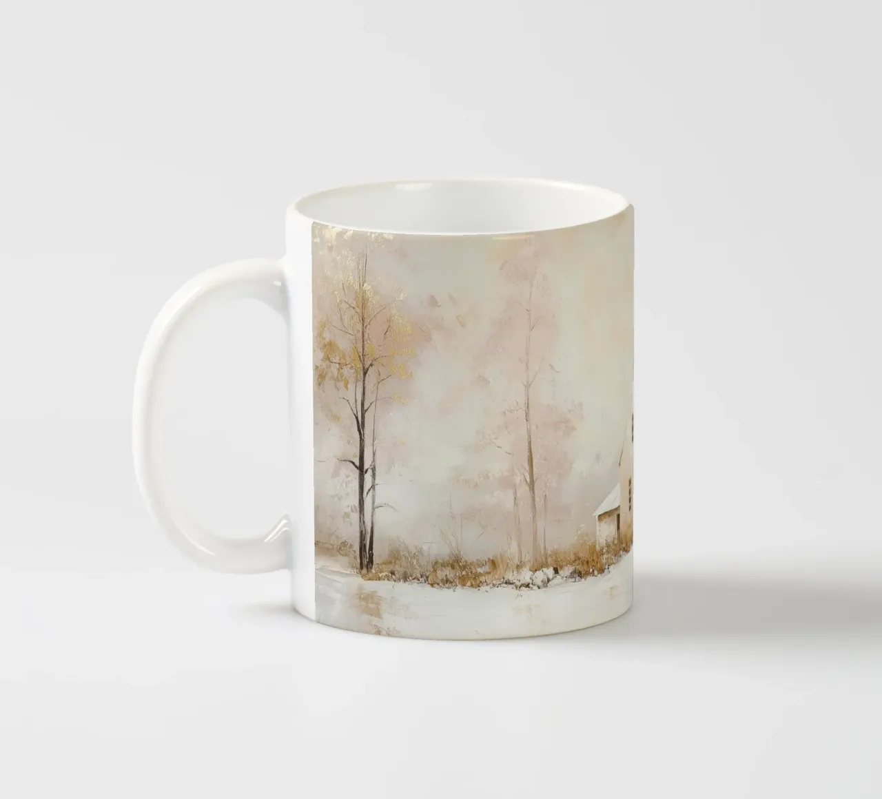 Paesaggio invernale tranquillo con casa tazza in ceramica da Melloi Art Print