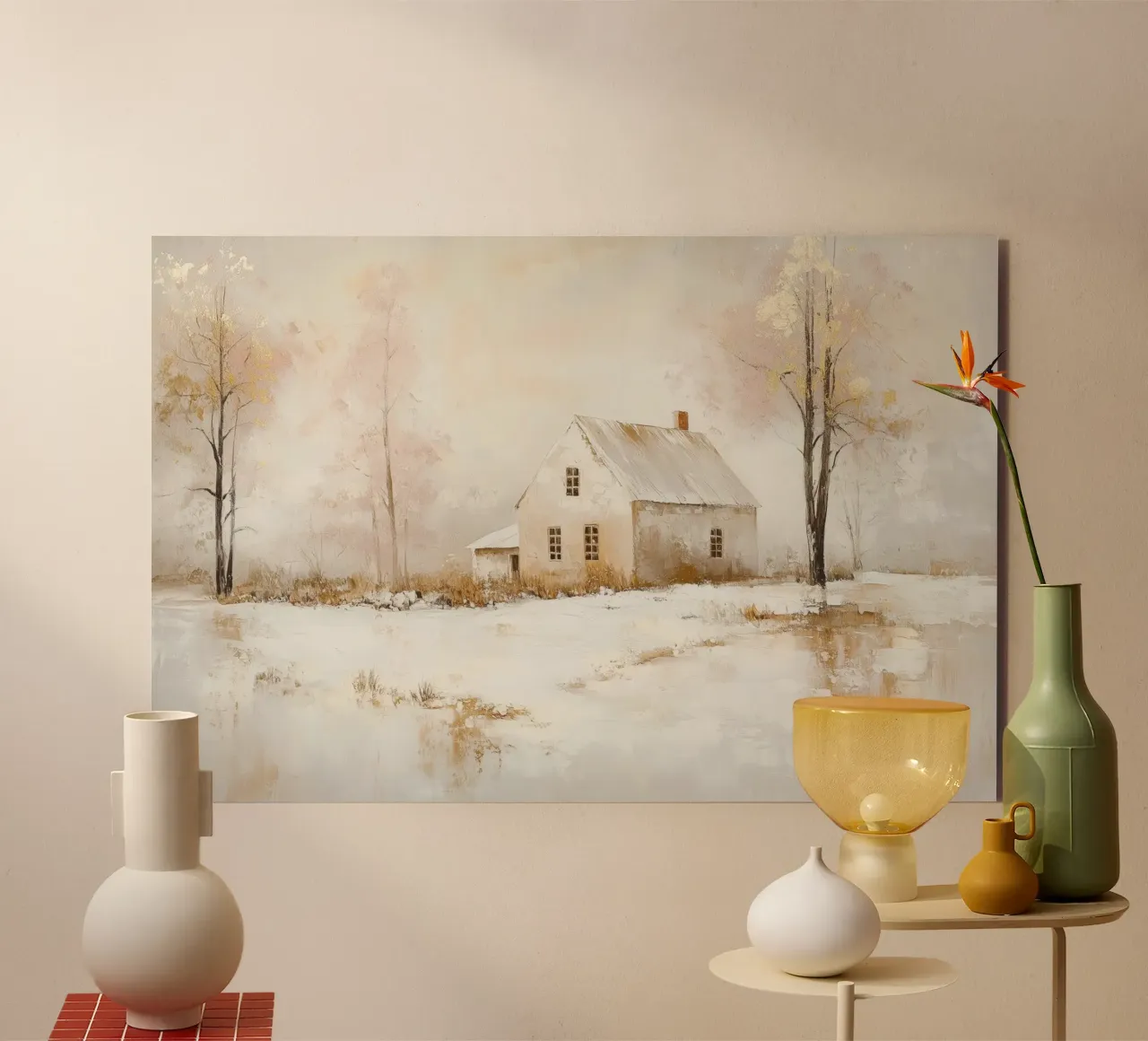 Peaceful Winter Landscape with House alu-dibond by Melloi Art Print