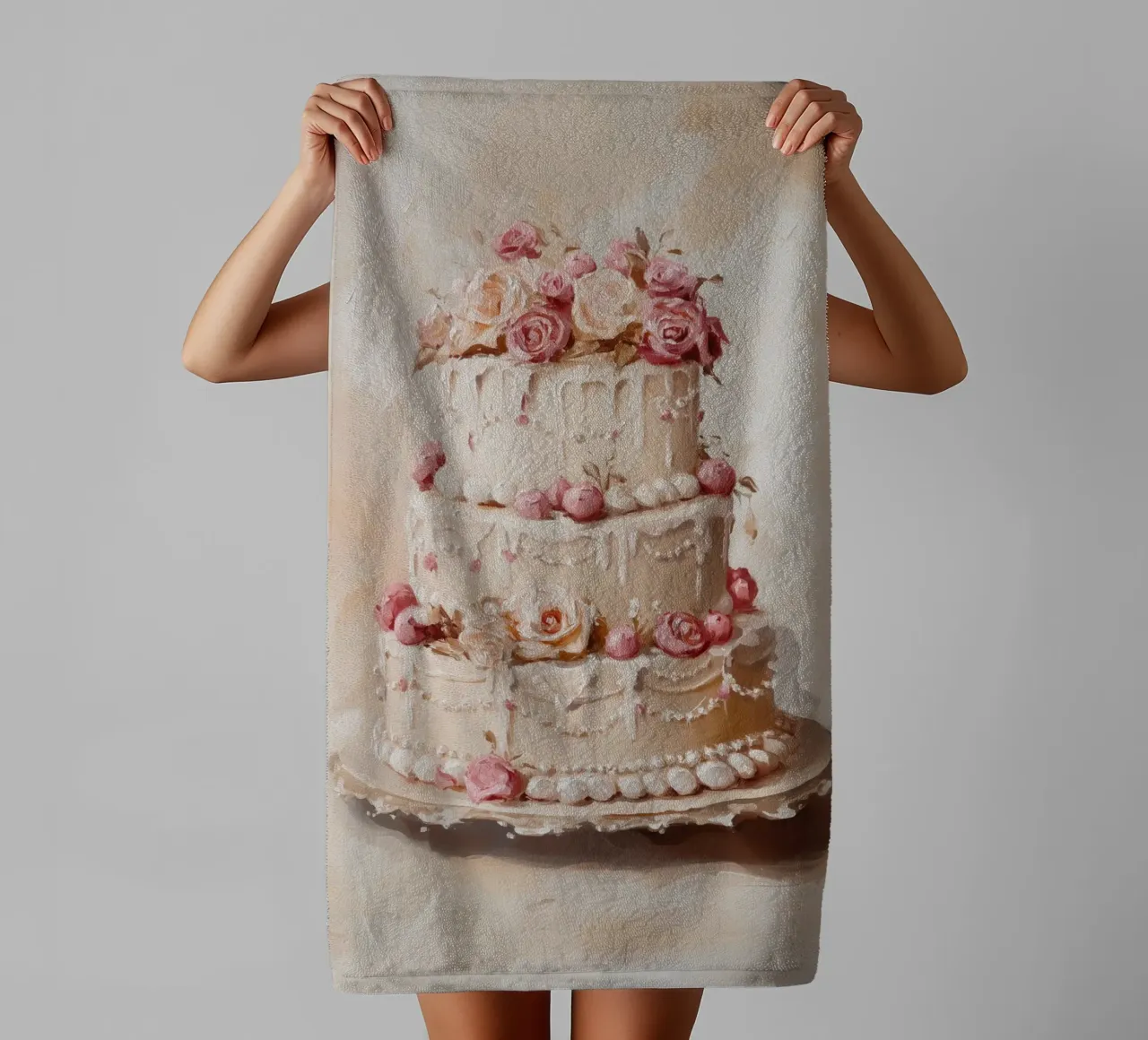 Torta con rose bianche e rosa asciugamano da bagno da Melloi Art Print