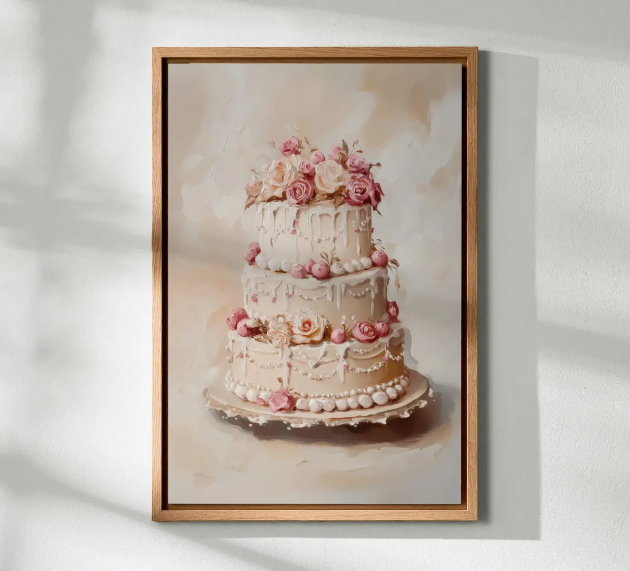 Torta con rose bianche e rosa tela con Cornice a cassetta da Melloi Art Print