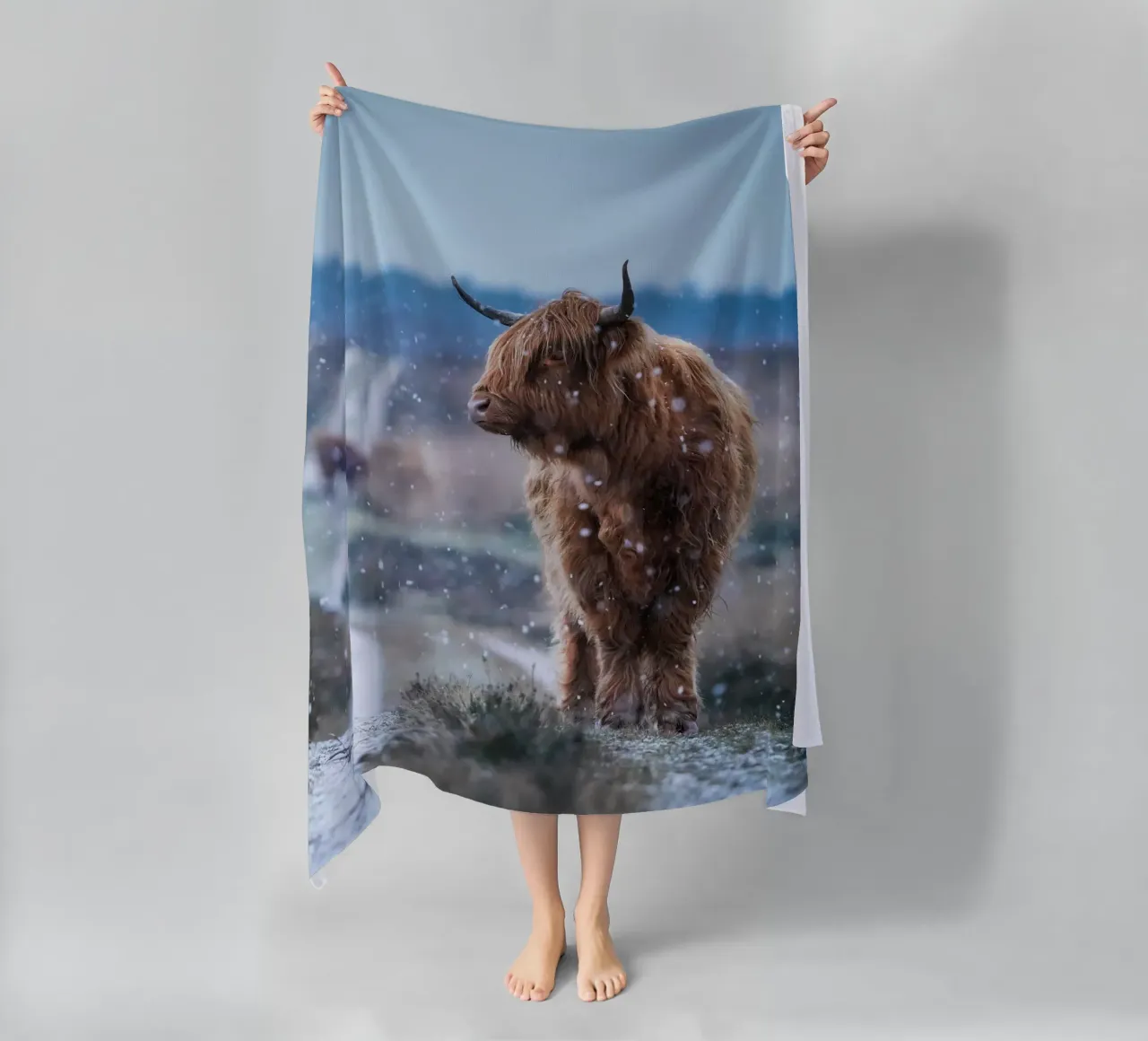 Mucca Highland nella neve telo mare da Tom's Wildlife