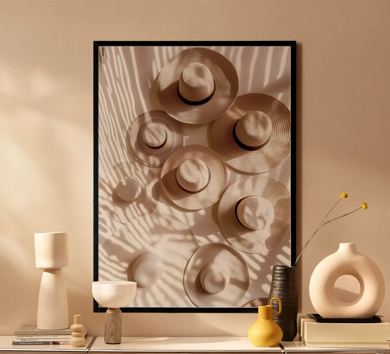 Strohoeden op het strand - La Plage Collection hahnemühle van Conde Arte