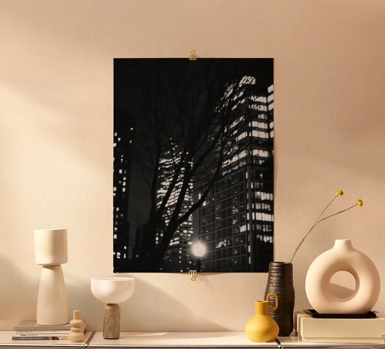 Dark urban night poster with wooden frame by Black & White