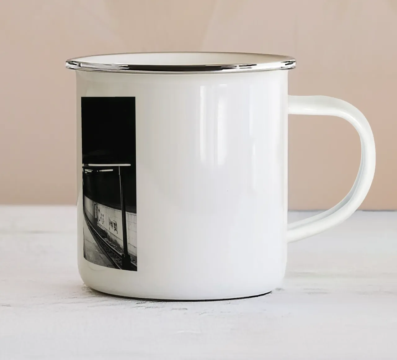 Dark and inaccessible metro platform enamel mug by Black & White