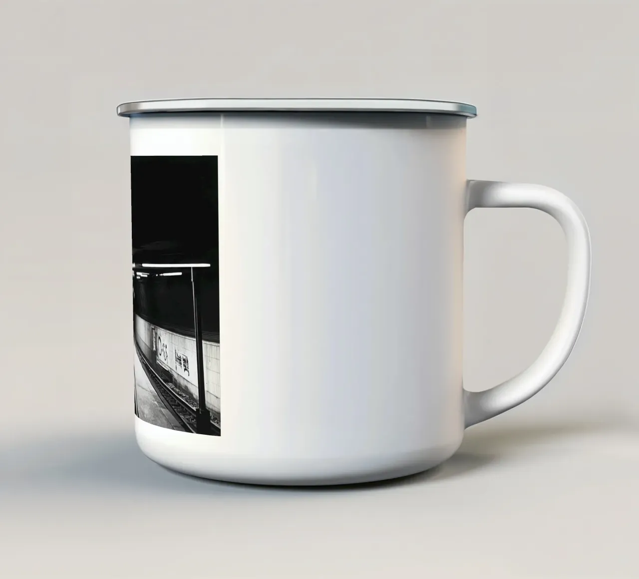 Dark and inaccessible metro platform enamel mug by Black & White