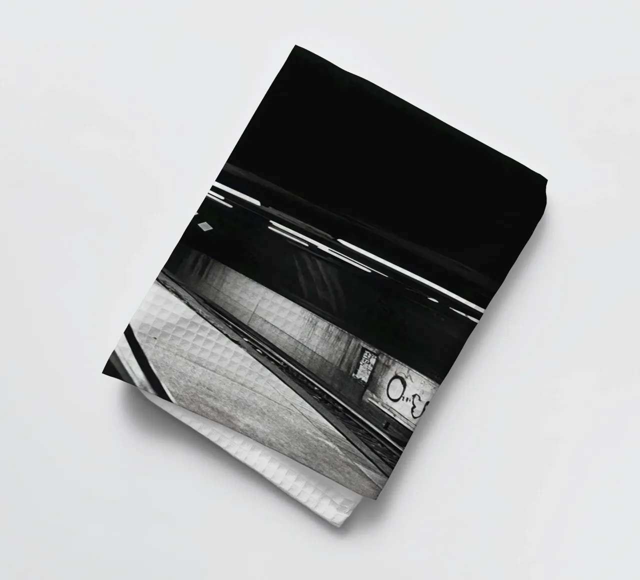 Dark and inaccessible metro platform tea towel by Black & White