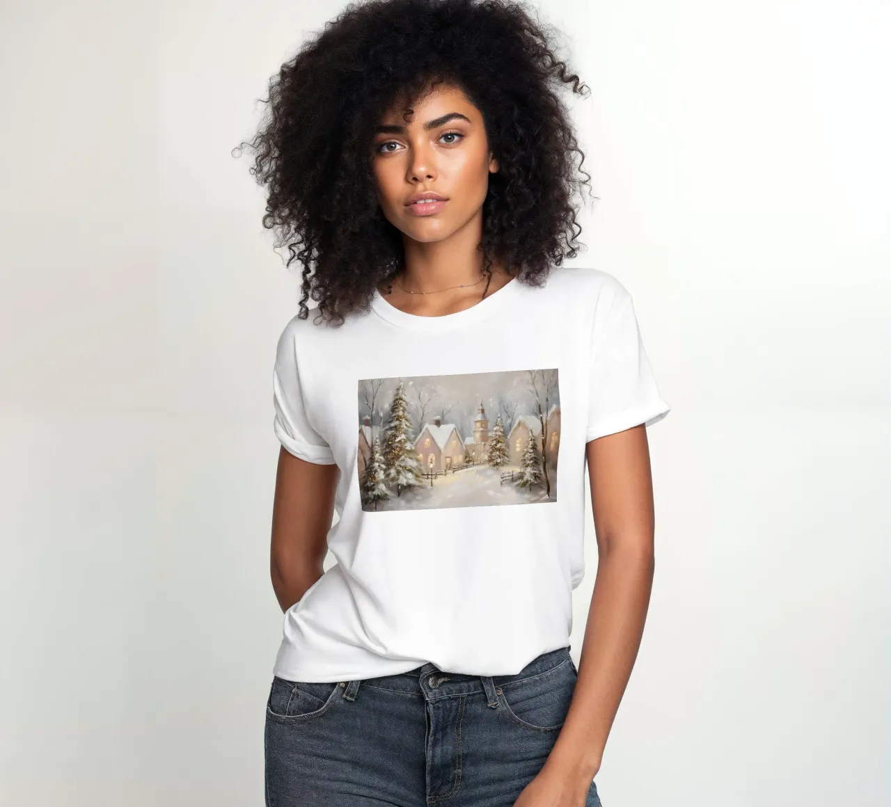 Pueblo de invierno con luces festivas camiseta de mujer de Melloi Art Print
