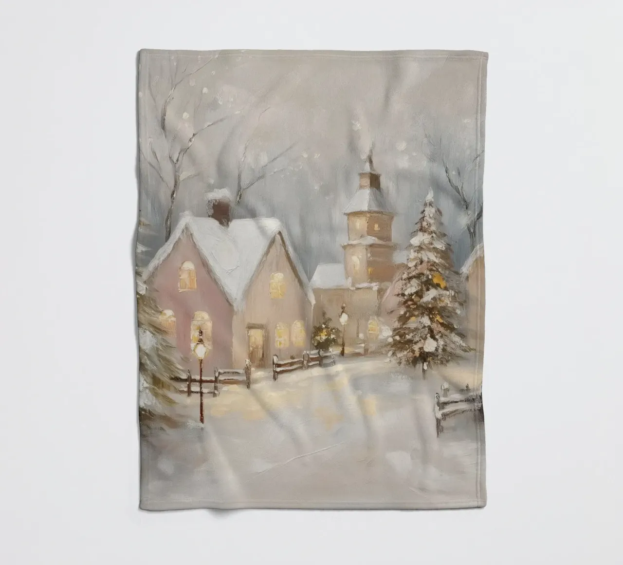 Villaggio d'inverno con luci festose coperta in pile da Melloi Art Print