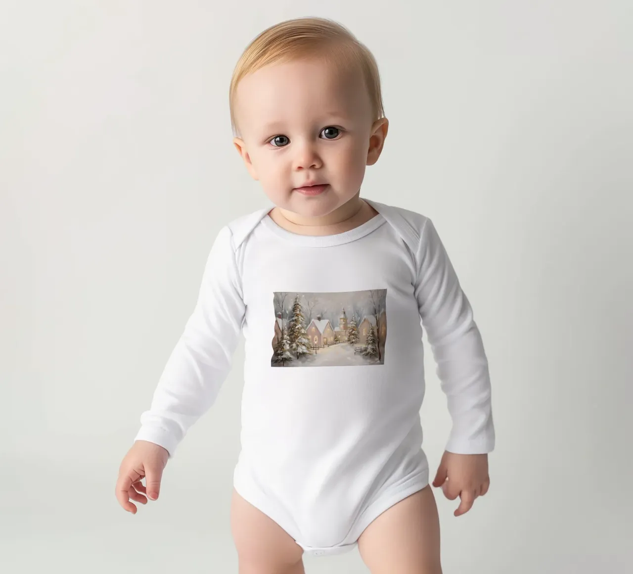 Villaggio d'inverno con luci festose body neonato maniche lunghe da Melloi Art Print
