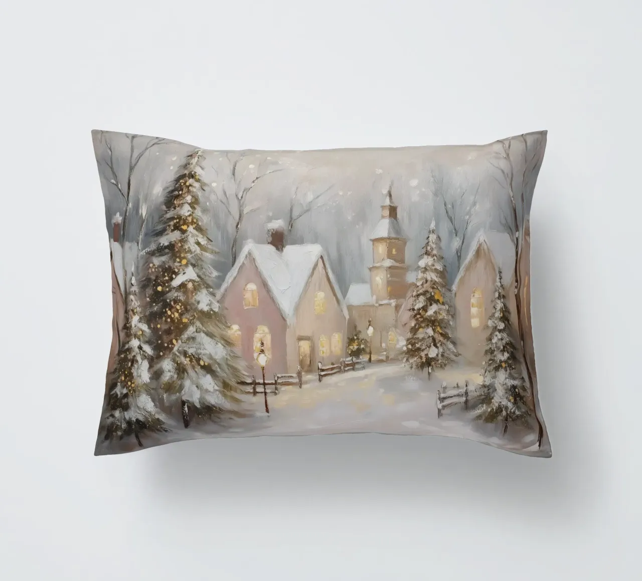 Villaggio d'inverno con luci festose cuscino da Melloi Art Print