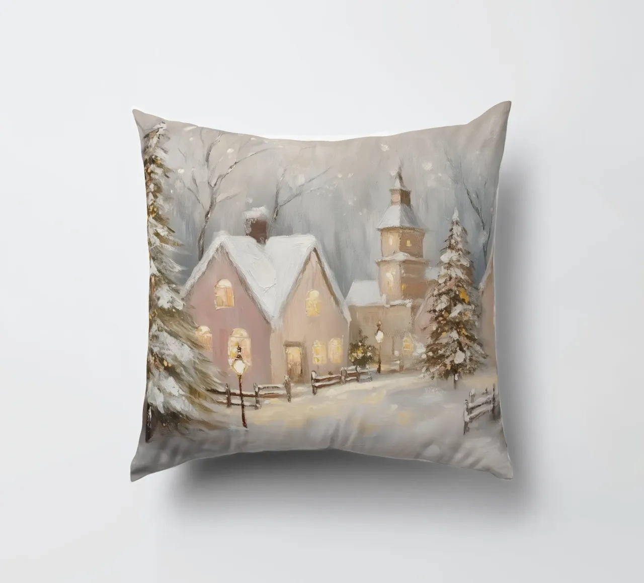 Villaggio d'inverno con luci festose cuscino da Melloi Art Print