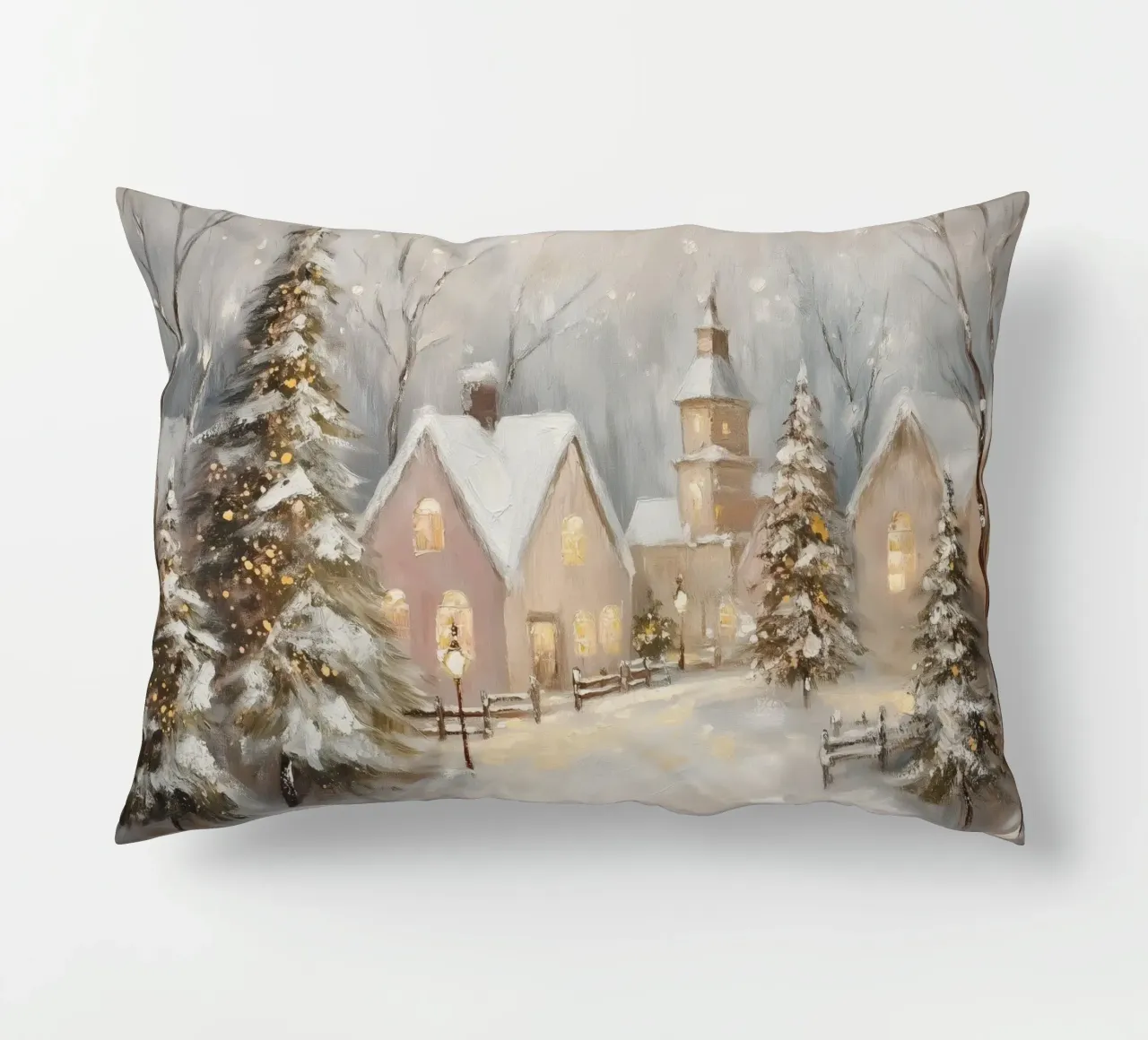 Villaggio d'inverno con luci festose cuscino da Melloi Art Print