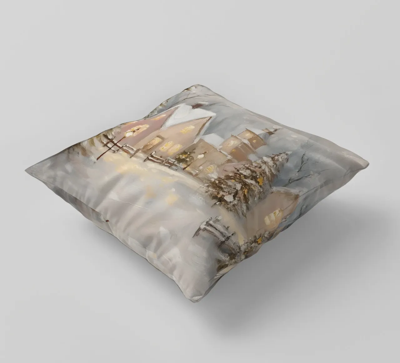Villaggio d'inverno con luci festose cuscino da Melloi Art Print