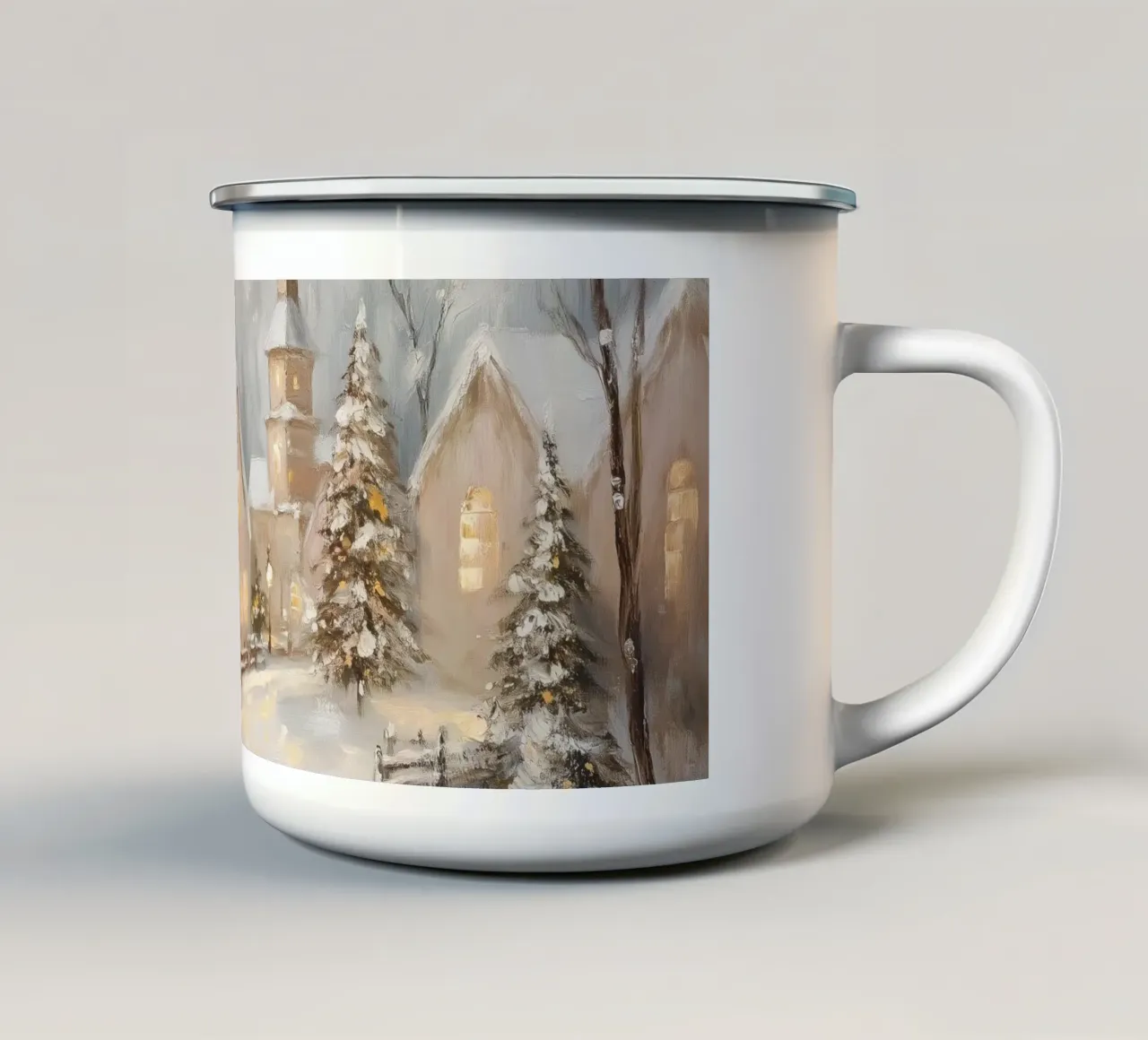 Villaggio d'inverno con luci festose tazza in smalto da Melloi Art Print