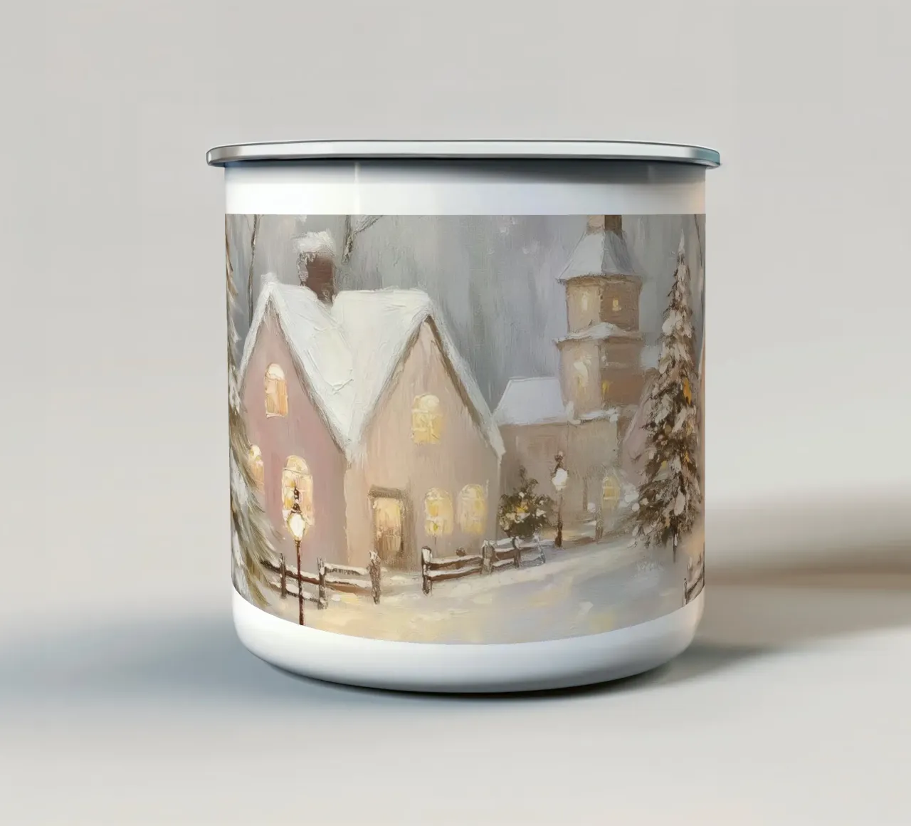 Villaggio d'inverno con luci festose tazza in smalto da Melloi Art Print