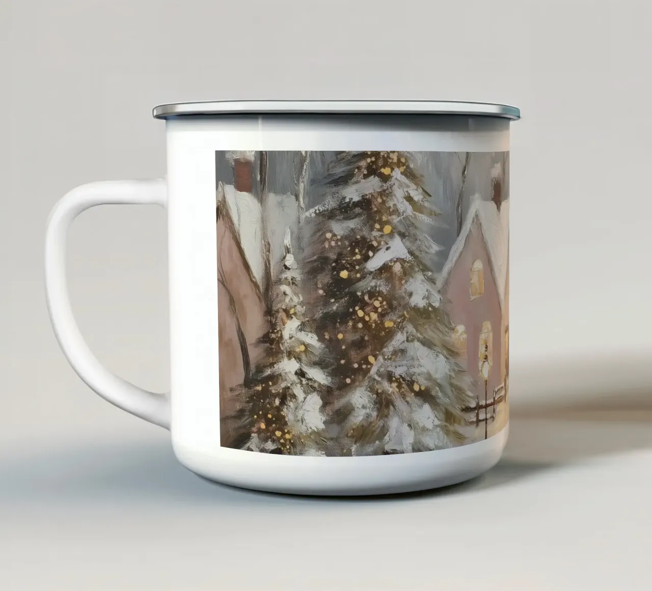 Villaggio d'inverno con luci festose tazza in smalto da Melloi Art Print